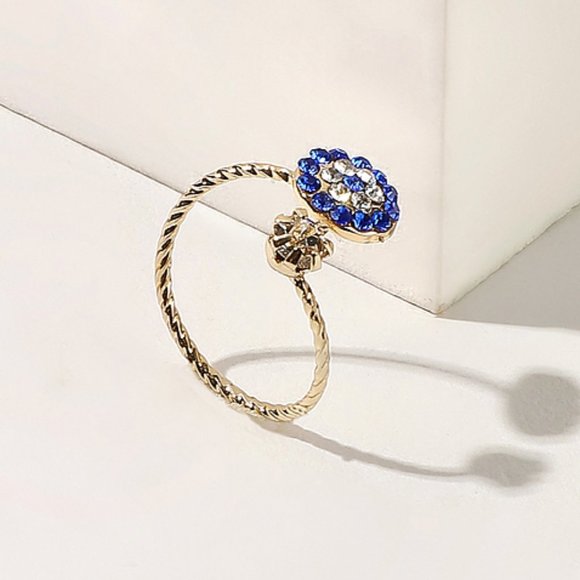 Gold Rhinestone Eye Cuff Ring Blue Dainty Gift Boho Trendy Jewelry Adjustable - Picture 3 of 3